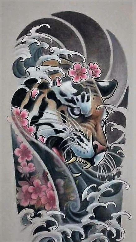 Tiger/Cherry Blossom/Waves. Tattoo Waves, Tato Irezumi, Tato Phoenix, Tato Mandala, Gotik Tattoo, Japanese Tiger Tattoo, Japanese Tiger, Tiger Tattoo Design, Cat Tattoos