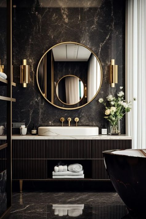 Bathroom Interior Design Luxury Black, Luxury Powder Room, Color Trends 2024, Bathroom Interior Design Luxury, Cabinet Trends, Kitchen Cabinet Trends, Black And Gold Bathroom, Modern Luxury Bathroom, Bathroom Design Black