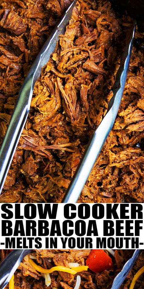 SLOW COOKER BARBACOA BEEF RECIPE- The best quick and easy Mexican crockpot barbacoa meat, homemade with simple ingredients. Moist and tender beef melts in your mouth. Perfect for tacos, burritos, enchiladas. Also known as pulled or shredded barbacoa chipotle. From OnePotRecipes. Chipolte Beef Barbacoa Slow Cooker, Barboca Beef Slow Cooker Tacos, Roast Beef Taco Recipes, Mexican Beef Crockpot, Beef Tacos Crockpot, Mexican Pulled Beef, Shredded Beef Tacos Crockpot, Pulled Beef Tacos, Crockpot Barbacoa