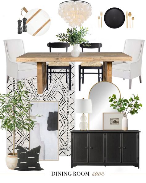 Splurge Vs. Save Mood Boards - Dining Room Option 3 (Black and White) - Dear Lillie Studio Black White Green Dining Room, Black And White Modern Farmhouse Dining Room, Black And White Boho Dining Room, Dining Table Trends 2023, Black Boho Dining Room, Black White And Neutral Home Decor, Black And White Dining Room Modern, Black And Beige Dining Room, Black And Cream Bedding