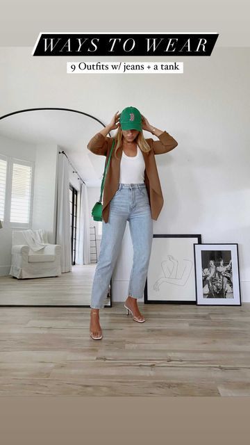 Stacie Diamantides on Instagram: "9 Outfits with 1 pair of Jeans and a plain white Tank. Jeans: Zara 8197/239 Tank: Zara 3471/015 Look 1 Blazer: @aritzia Power Blazer Baseball Cap: Amazon Bag: Balenciaga Heels: Zara (old) 1331/810 (similar) Look 2 Cardigan: Zara (old) 0014/037 (similar) Dad Sneakers: @newbalancewomen 574 Angora/Incense Bag: Amazon Sunglasses: Amazon Look 3 Yellow Jacket: @lpa from @revolve (old/sold out) Heels: @brookeandarrow Hat: Lack of Color Look 4 Black Button-down: White Tank Jeans, Amazon Sunglasses, Balenciaga Heels, Baseball Hat Outfit, Amazon Bag, Jeans With Heels, Dad Sneakers, Heels Outfits, Black Baseball Cap