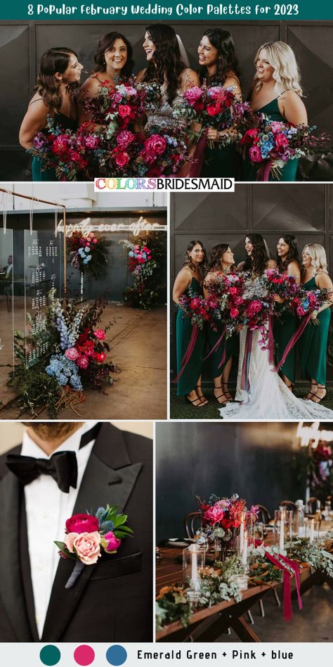 Wedding Colors For January, Emerald Wedding Scheme, Blue Purple Green Wedding Color Palettes, December Wedding Ideas Color Combos, Bright Winter Wedding, Berry Wedding Colors, Winter Wedding Palette, Colorful Winter Wedding, Pink Winter Wedding