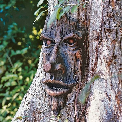 The Design Toscano The Spirit of Nottingham Greenman Tree Statue. Designed by well known British artist Liam Manchester, this statue looks like a face and can be placed on a tree to make it look as if it is possessed. Made using high-quality resin, The Spirit of Nottingham Greenman Tree Statue from Design Toscano is skillfully carved. It is sturdy and will last for a long time. It is neatly hand painted in a stunning brown finish that can complement the decor in your garden or patio. This ... Boom Kunst, Tree Spirits, Tree Man, Wood Carving Faces, Tree Statues, Tree People, Wood Wall Sculpture, Outdoor Trees, Tree Faces