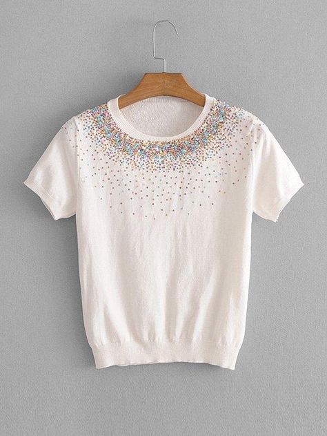 Women T Shirts, Knit Tees, Neck Pattern, Womens Tees, Lace Top, Sequin, Tunic Tops, Round Neck, Color White