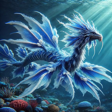 Explore the depths of the ocean with this stunning blue dragon, inspired by the blue dragon sea slug. Its vibrant hues and delicate frills create a mesmerizing underwater spectacle to be feared. If touched it will render imobility. Tags: #Dragon #Ocean #SeaSlug #FantasyArt #BlueDragon #MythicalCreatures #ExoticDragons Underwater Dragon Art, Fantasy Sea Dragon, Sea Dragon Concept Art, Water Dragon Design, Water Creatures Art, White And Blue Dragon, Underwater Dragon, Blue Dragon Sea Slug, Dragon Sea Slug