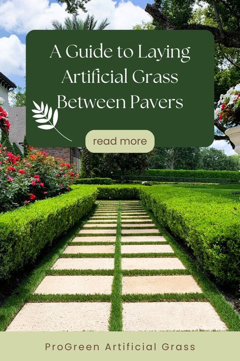 Artificial grass lawn with bushes and stone pavers in Charlotte, NC. Grass Between Pavers, Pavers With Grass In Between, Laying Artificial Grass, Grass Pavers, Artificial Grass Installation, Paver Driveway, Driveway Landscaping, Backyard Inspo, Artificial Grass