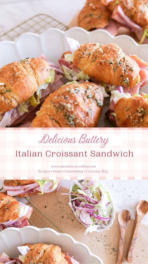 Do you have a craving for a savory and delicious sandwich that you can make at home and feel like you got a famous deli experience? Look no further than this Buttery Italian Croissant Sandwich! This sandwich is the perfect combination of Italian flavors, buttery croissants, and fresh ingredients, making it the perfect lunch time meal. Whether you’re looking for that perfect lunch or a great dish to bring as an appetizer, this sandwich will satisfy your cravings. Keep reading to find out how to m Elevated Sandwiches, Crosaint Sandwich Recipes, Crissonts Sandwich Ideas, Sandwich Recipes Croissant, Best Croissant Sandwich, Croissant Sandwich For Party, Croissant Sandwich Ideas Lunches, Croissant Sandwich Charcuterie Board, Italian Croissant