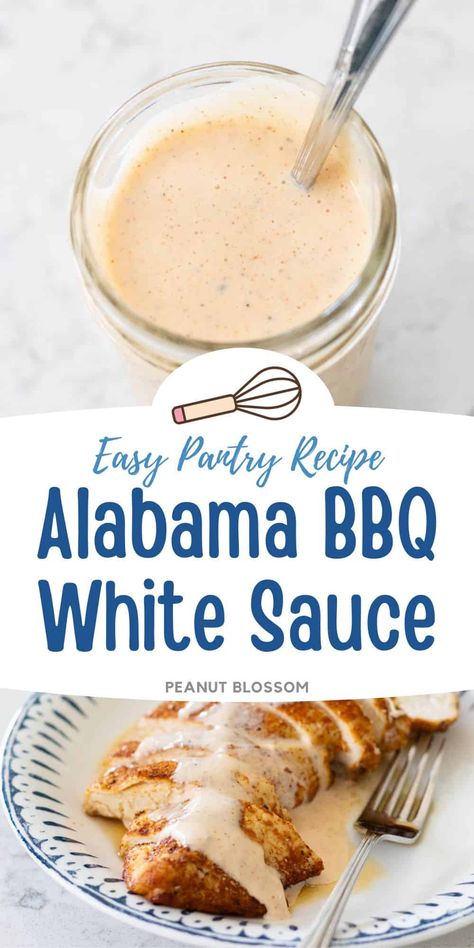 Alabama white sauce is a homemade barbecue sauce made with a mayo and vinegar base for a delicious burst of flavor on your seasoned and grilled chicken or pork. Alabama White Sauce Recipe, Alabama Bbq Sauce, White Bbq Chicken, Alabama Chicken, Alabama White Bbq Sauce, Guy Food, Alabama Food, Chicken White Sauce, Barbecue Rub