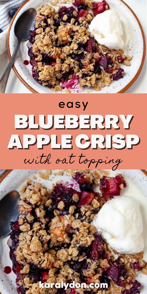 The perfect fall or summer dessert, this apple blueberry crumble is made with fresh fruit and a crispy, buttery oat brown sugar topping. Serve this fruit crisp warm with vanilla ice cream for the ultimate treat! Apple Blueberry Crisp, Apple Blueberry Crumble, Apple Crisp No Oats, Blueberry Crisp Recipe, Frozen Fruit Recipes, Oat Crumble Topping, Apple Blueberry, Blueberry Crisp, Fruit Crumble