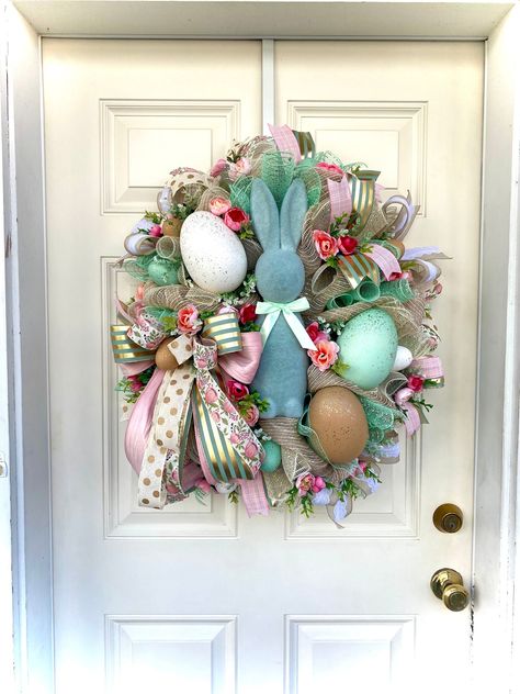 Easter Wreath with Bunny and Eggs for Front Door, Bunny Wreath for Easter, Easter Wreath for Front Door, Floral Easter Wreath, Bunny Wreath by OurWhimsicalHome on Etsy Easter House Decorations, Easter Egg Wreath, Metallic Mesh, Soft Mint, Whimsical Home, Faux Greenery, Mint Gold, Easter Bunny Decorations, Spring Wreaths