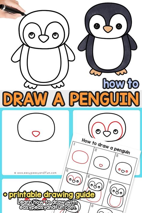 How to Draw a Penguin – Step by Step Drawing Tutorial - Easy Peasy and Fun Penguin Drawing Easy, Penguin Outline, Draw A Penguin, Directed Drawing Kindergarten, Montessori Christmas, Winter Drawings, Penguin Drawing, Draw Step By Step, Easy Art For Kids