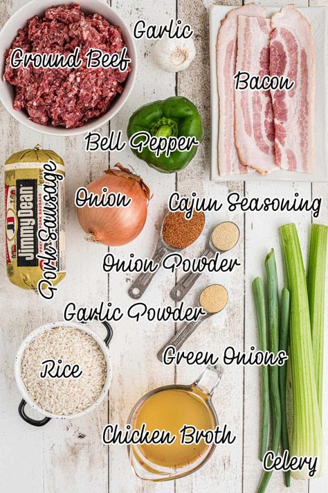 Ingredients laid out showing what is needed to make dirty rice, with text overlay. Pappadeaux Dirty Rice Recipe, Dirty Rice Recipe With Sausage, Cajun Dirty Rice Recipe, Recipe With Sausage, Cajun Dirty Rice, Dirty Rice Recipe, Family Dishes, Dirty Rice, Beef Bacon