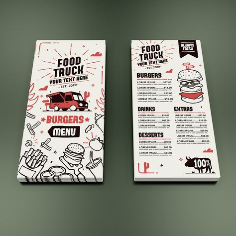 Fast Food Truck Design, Street Food Menu Design Ideas, Snacks Menu Design, Menu Fast Food Design, Snack Menu Design, Aesthetic Menu Design, Retro Menu Design, Food Truck Designs, Burger Menu Design