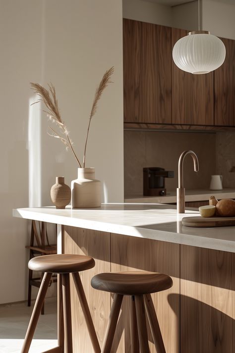 cuisine moderne, style minimaliste, îlot central, plan de travail blanc, tabourets en bois, suspension luminaire, nuances de bois, éclairage naturel, rayons de soleil, placards en bois, robinetterie en cuivre, nuances chaudes, décoration épurée, vase en céramique, herbes séchées, finitions lisses, design épuré, tons neutres, ambiance zen, éléments fonctionnels, ustensiles de cuisine, simplicité visuelle, lignes claires, surface brillante, matériaux naturels, étagères minimalistes, touches organiques, coin repas, open space, esthétique contemporaine. Furniture Design Modern, Open Space, Furniture Design, Sweet Home, Modern Design, New Homes, Exterior, Furniture, Design