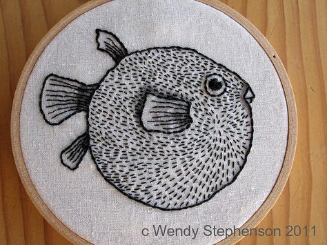 Blackwork Embroidery, Puffer Fish, Thread Art, 자수 디자인, Embroidery Hoop Art, Art Textile, Embroidery Inspiration, Hoop Art, Diy Embroidery