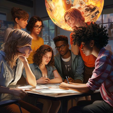 Discussion Aesthetic, Dnd Poses, Foreground Middleground Background, Writing Groups, Different Art, Group Of Seven, Reference Pics, Oc Inspo, Group Art