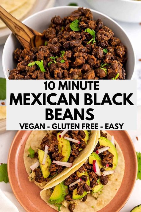 Mexican Black Beans for Tacos - Vegan, Gluten Free, Dairy Free, Plant Based - these simple seasoned black beans are ready in about 10 minutes with just 6 ingredients! Perfect for tacos, burritos, taco salads or nachos, these black beans are budget friendly and made with pantry ingredients! Black Beans For Tacos, Beans For Tacos, Black Bean Burrito, Mexican Black Beans, Cilantro Lime Slaw, Mexican Shredded Chicken, Healthy Budget, Black Bean Recipes, Black Bean Tacos