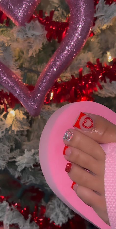 Acrylic Toes Christmas, Birthday Toes Nails Design, Valentines Toes, Valentines Day Toes, Christmas Pedi, Valentines Pedicure, Valentine Toes, French Toe Nails, Christmas Toes