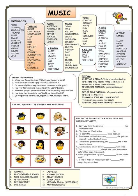 MUSIC - English ESL Worksheets for distance learning and physical classrooms Music Vocabulary, Percussion Music, Esl Resources, Music Worksheets, Fun Music, Learn English Grammar, English Activities, Vocabulary Worksheets, English Worksheets