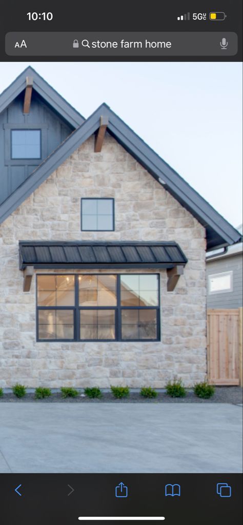 Gray House With Black Metal Roof, White House Black Trim Stone Accent, Light Stone Exterior, Stone House Black Windows, Stone House With Black Windows, Black House With Light Stone, Metal Accent Roof, Light Brick Black Windows, Roof Peak Accents