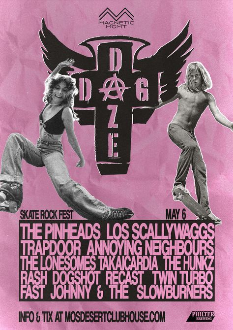 A punk pink background with a scrunched paper textured overlay, a grunge christian cross logo with angel wings with the event name Dog Daze written across & down, using the Anarchy symbol to cross over the O and A of each word. With a black and white image of a 70s style roller skate girl on the left, and a 70s style shirtless blonde grom skater on the right cut out like a magazine scrapbook. Using an off black to outline the lineup which includes local Australian punk rock bands. Rock Festival Poster, Vintage Nirvana, Rock Fest, Rock Festival, A Punk, Gold Coast Australia, Rock Festivals, Festival Poster, Festival Posters