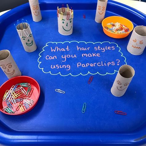 Tuff Tray Obsessed on Instagram: "What hairstyles can you make using paperclips? 🖇 Thank you for the inspiration @reception_eyfs_teacher #tufftray #tufftrayideas #tufftrayactivities #tufftrayobsessed #eyfs #ps1 #finemotorskills #finemotor #colour #crafts #paper #art #children #kids #teach #play #learn #sharingideas #preschool #school #classroom #childrensactivities #happy #fun #continuousprovision" Writing Activities Eyfs, Fine Motor Activities Eyfs, Eyfs Provision, Hungry Caterpillar Craft, Daycare Curriculum, Reception Classroom, Eyfs Ideas, Finger Gym, Funky Fingers