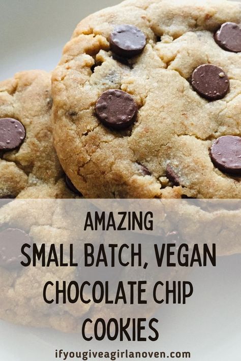 These quick, small batch vegan chocolate chip cookies make just enough to be the perfect bite of homemade sweet comfort without the hassle. Vegan Small Batch Cookies, Small Batch Vegan Desserts, Easy Vegan Chocolate Chip Cookies, Mini Cookie Recipe, Vegan Chocolate Chip Muffins, Small Batch Chocolate Chip Cookies, Vegan Cupcake Recipes, Small Batch Cookie Recipe, Vegan Chips