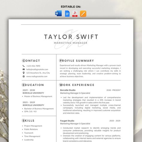 Simple MINIMALIST Resume Template - Google Docs, Word, Pages - Executive cv Bundle with Cover Letter and FREE Icons Included. US letter & A4 University Marketing, Minimalist Resume Template, Team Leadership, Business Fonts, Minimalist Resume, Creative Problem Solving, Graphic Design Fonts, Creative Typography, Template Google