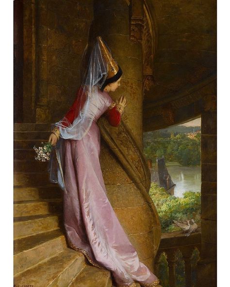 "The Secret Rendezvous" by French painter Pierre-Charles Comte, ca. 19thc. In private collection 💖 Medieval Drawings Sketch, Secret Rendezvous, Era Victoria, Pre Raphaelite Art, Istoria Artei, Medieval Paintings, Historical Eras, Art Ancien, Pre Raphaelite