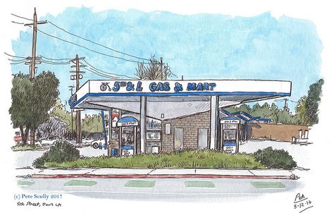 5th and L Gas Mart, Davis Watercolor Wash, Urban Sketchers, The Secret History, Urban Sketching, History Lessons, Gas Station, Guardians Of The Galaxy, Book Art, Sketch Book