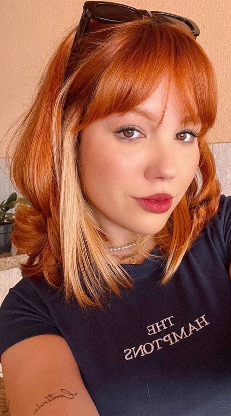 Copper Hair With Under Color, Orangey Copper Hair, Hair Color For Red Hair, Different Hair Colour Ideas, Color Block Ideas Hair, Red Hair Orange Money Piece, Orange And Blonde Hair Color, Copper Hair Ideas For Short Hair, Strawberry Blonde And Copper Hair