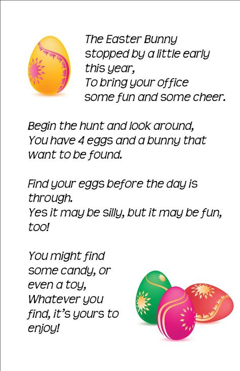 Easter Egg Hunt at the Office: I hid a Peeps bunny and 4 plastic eggs filled with goodies in each person's office and put this little poem on their door. {Poem by Aimée Lefever} Easter Egg Hunt Poem, Teacher Easter Egg Hunt, Workplace Easter Egg Hunt, Easter Employee Appreciation Gifts, Easter At Work Ideas, Work Easter Ideas, Staff Easter Egg Hunt Ideas, Easter Ideas For Workplace, Easter Office Games