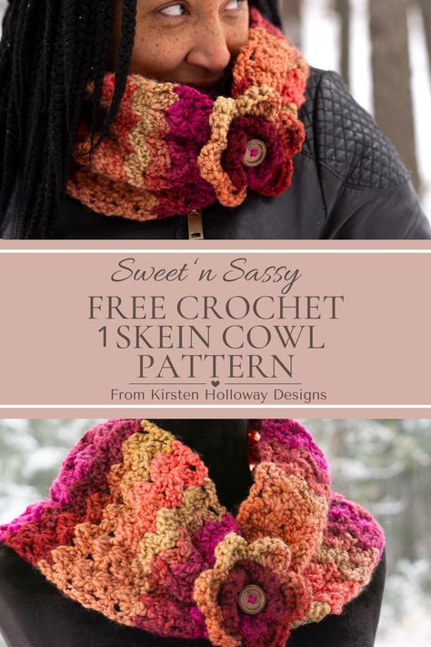 Brightly colored crochet cowl. Made from a very easy crochet pattern. The pattern is free and uses just one skein of yarn. There's an optional crochet flower motif to add for decoration