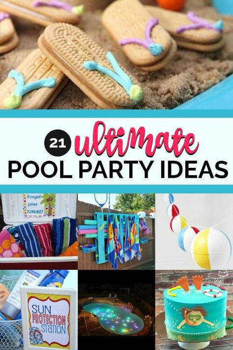 Fill your mind with plenty of summer-worthy pool party ideas by checking out this roundup. You’ll find all the party supplies you'll need, from ideas for pool party invitations to clever party food and party favors, plus a plethora of DIY decorations and pool party games. Guests will be excited to jump right in on a great summer event. Pool Party Cookie Cake, Easy Pool Party Food, Pool Cookies, Pool Party Desserts, Pool Party Cookies, Water Cakes, Pool Party Ideas For Kids, Bolo Crossfit, Dip Appetizers