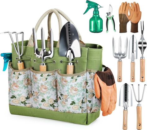 Gardening Tools 9-Piece Heavy Duty Gardening Hand Tools with Fashion and Durable Garden Tools Organizer Handbag,Rust-Proof Garden Tool Set, Ideal Gardening Gifts for Women Garden Tool Bag, Gardening Tool Kit, Garden Tool Organization, Portable Garden, Storage Tote, Hand Tool Set, Garden Tool Set, Handbag Organization, Garden Hand Tools