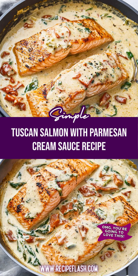 Want to elevate your dinner routine with a mouthwatering seafood recipe? This Tuscan Salmon with Parmesan Cream Sauce is a showstopper that blends flavors beautifully. You’ll impress everyone with this easy-to-follow dish. Be sure to save it for your next seafood dinner night! Parmesan Cream Sauce Recipe, Salmon With Cream Sauce, Tuscan Salmon Recipe, Tuscan Salmon, Mediterranean Dinner, Cream Sauce Recipe, Sauce For Salmon, Parmesan Cream Sauce, Cream Sauce Recipes