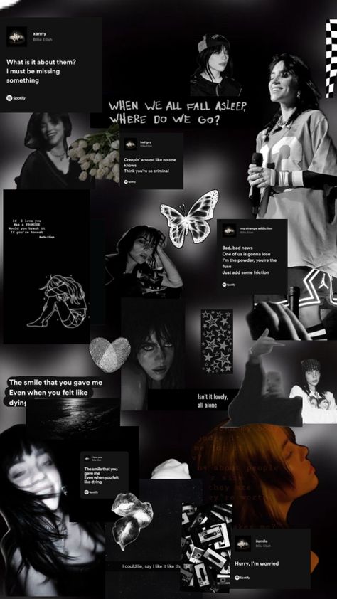 Billie Eilish Collage Wallpaper Black, Black And White Billie Eilish Wallpaper, Billie Eillish Wallpapers Aesthetic, Black Billie Eilish Wallpaper, Billie Eilish Themed Wallpaper, Billie Eilish Wall Collage, Music Artist Wallpaper Aesthetic, Billi Eilish Wallpaper, Billie Eilish Aesthetic Pfp