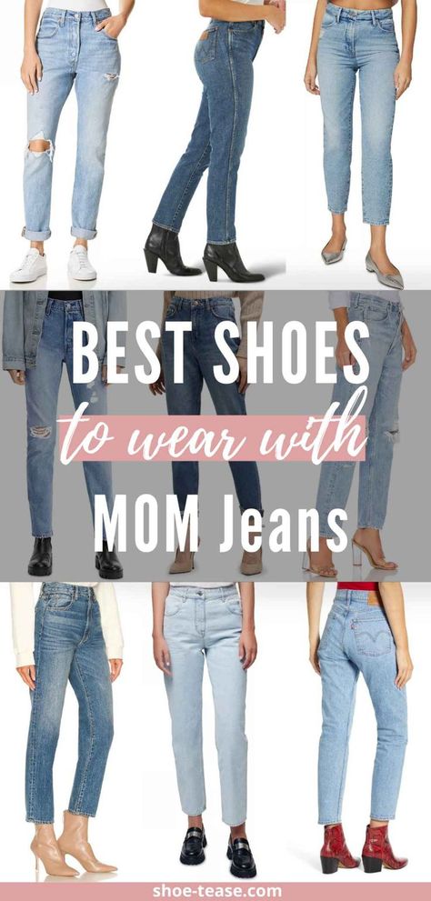 9 women wearing different mom jeans styles and shoes. Shoes That Go With Mom Jeans, Shoes For Mom Jeans Outfit, Mom Jean Outfits Sneakers, Shoes To Wear With Mom Jeans Winter, Shoes With Mom Jeans Winter, Mom Jeans Shoes How To Wear, Mom Jeans Outfit Boots, Mom Jeans Boots Outfit, What Shoes To Wear With Mom Jeans