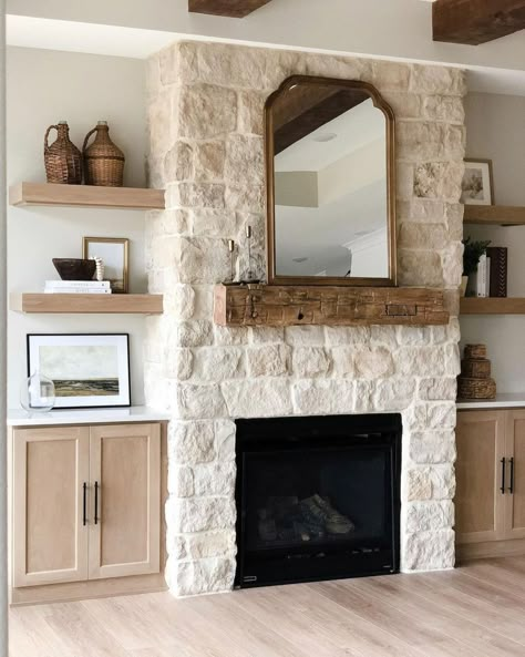 Creative Mines on Instagram: “Go neutral with stone and wood. #CreativeMines Product: Alpaca Craft Orchard Limestone @iastonesupply @uniquehomesia” Limestone Fireplace Surround, Built In Shelves Living Room, Stone And Wood, Limestone Fireplace, Fireplace Built Ins, Fireplace Remodel, Home Fireplace, Fireplace Makeover, The Fireplace