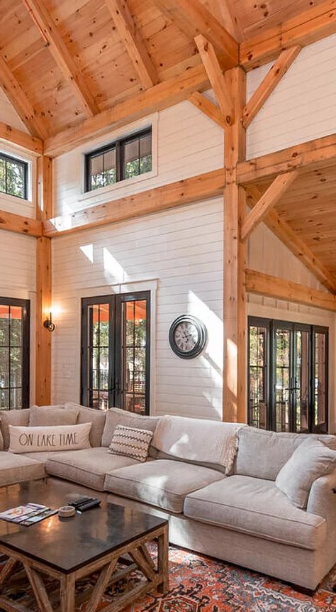 Post And Bean House, Interior Timber Frame Home, Post And Beam Addition, Post And Beam Lighting Ideas, Timberframe Interiors Modern, Post And Beam Homes Plans, Post And Beam Kitchen Ideas, Timber Frame Bedroom, Faux Timber Frame Interior