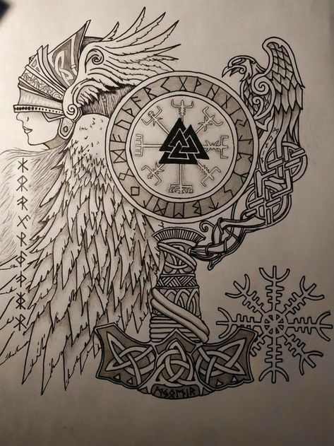 Tattoos Viking, Nordic Tattoos, Viking Rune Tattoo, Norse Mythology Tattoo, Valkyrie Tattoo, Arte Viking, Viking Tattoo Symbol, Viking Tattoo Sleeve, Scandinavian Tattoo