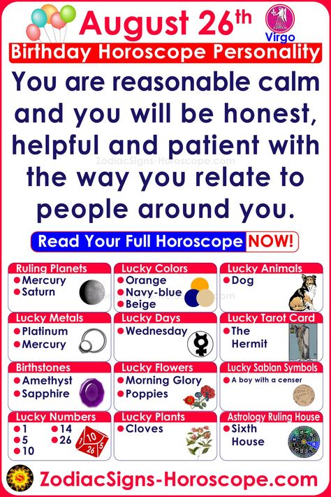 The August 26th birthday meaning shows that you are going to be an opinionated fellow who will, at times, find it difficult to correct problems around him or her. In addition to this, you will be determined and accomplish an individual who will always chase after his o her goals. August 29 Zodiac, August 26 Zodiac, August 31 Zodiac, August Zodiac, Lucky Things, Birthday Personality, Virgo Personality, Birthday Horoscope, Virgo Birthday