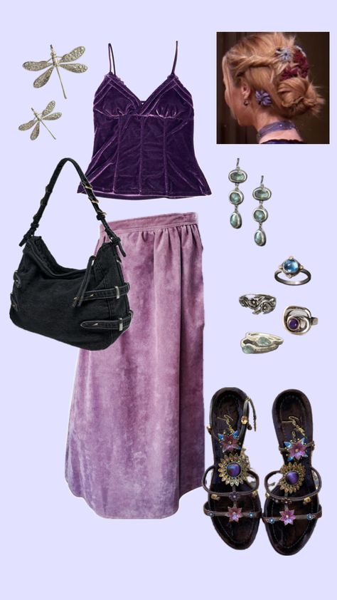 90s purple outfit Mazzy star vibes #ootd #purple #books #vibes #blueaesthetic #dragonfly #gems #gold #silver #skirt #velvet #summer Mazzy Star Inspired Outfit, Purple Velvet Outfit, Mazzy Star Aesthetic Outfits, Mazzy Star Clothes, Purple And Silver Outfit, Mazzy Star Outfit, Whimsigoth Icons Purple, Whimsigoth Board, Dragonfly Outfit