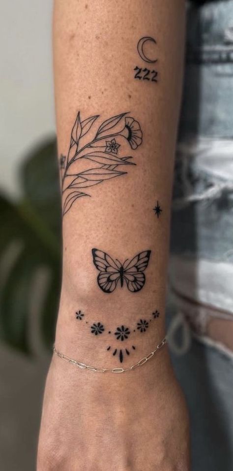 Tatoos Ideas Female Arms, Sticker Sleeve Tattoos For Women Ideas, Small Arms Tattoos, Artsy Tattoos For Women, Elegant Tattoo Placement For Women, Inside Elbow Tattoos For Women Words, Women’s Tattoos On Stomach, Dainty Filler Tattoo, Edgy Women Tattoo