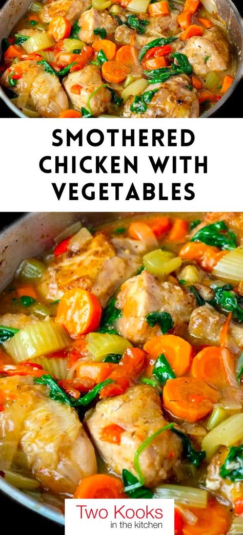 Smothered chicken is one of my favorite comfort foods. Tender moist chicken smothered in onions, carrots, celery, peppers and spinach and a yummy sauce – all in one skillet. Food for the soul, this one pot meal of chicken and vegetables goes way back, over 30 years at least. One Dish Chicken Meals Crock Pot, Soups Low Carb Healthy, Chicken Carrots And Celery Easy Recipes, Crockpot Recipes With Celery, Dinner Ideas With Carrots And Celery, Chicken Vegetables Crockpot, Carrot Chicken Recipes, Chicken And Vegetable Slow Cooker, Dinner With Celery