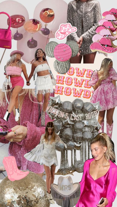 Retro Cowgirl Bachelorette Party Outfits, Cowgirl Theme Bachelorette Party Outfit, Pink Bach Outfits, Cowgirl Bachelorette Party Outfits Pink, Disco Cowgirl Bachelorette Outfit Pink, Cowgirl Themed Hens, Space Cowgirl Themed Bachelorette Party, Aesthetic Cowgirl Party, Pink Disco Cowgirl Aesthetic