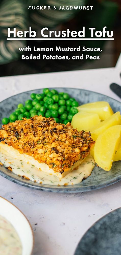 Crusted Tofu, Potatoes And Peas, Comfy Food, Vegan Fish, Vegan Tofu, Mustard Sauce, Vegan Yogurt, Vegan Main Dishes, Lemon Sauce