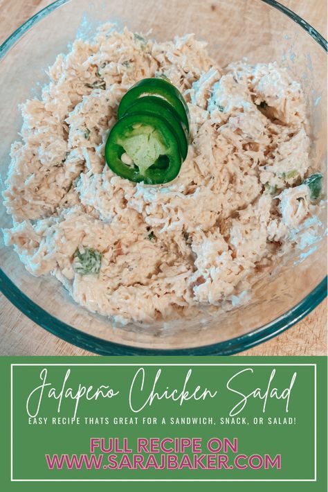 Jalapeño Chicken Salad with fresh jalapeños & bacon! Such an easy & quick recipe thats great for lunch or a snack! #healthysnack #healthylunch #jalapeno #chickensaladrecipe #affordablemeal Chicken Salad Recipe With Jalapeno, Chicken Salad With Jalapenos, Jalepeno Chicken Salad Recipe, Chicken Salad Chick Copycat Recipes Jalapeno Holly, Jalapeno Holly Chicken Salad Chick, Chicken Salad Jalapeno, Jalapeño Chicken Salad, Chicken Salad Chick Jalapeno Holly, Jalapeno Holly Chicken Salad