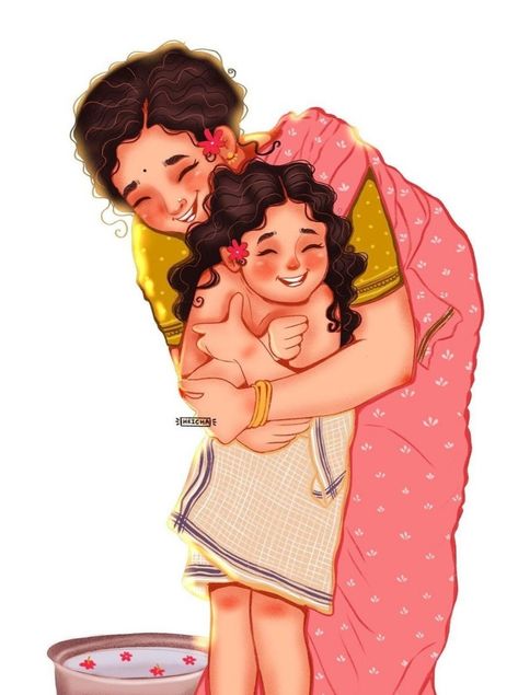 Mother And Daughter Drawing, Memory Illustration, Mother Daughter Art, Childhood Memories Art, Bengali Art, Indian Illustration, Cartoon Posters, Cute Couple Drawings, Mom Art