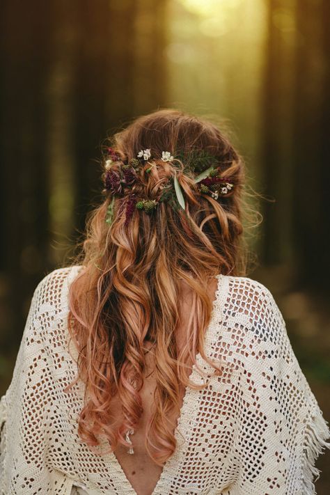 Boho Forest Wedding in the Field of Dreams: Christin & Gareth | OneFabDay.com Ireland Wedding Hairstyles Cottagecore, Forest Witch Hairstyles, Wedding Veil And Flower Crown, Cottage Core Wedding Hairstyles, Cottagecore Wedding Hairstyles, Woodsy Wedding Hair, Wildflower Wedding Crown, Enchanted Forest Wedding Hair, Cottagecore Wedding Hair